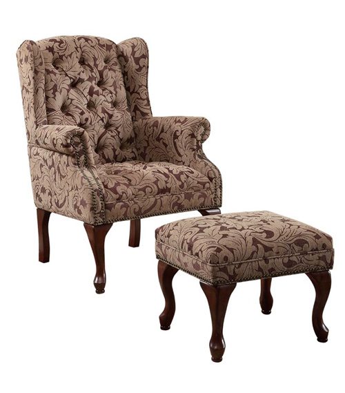 Coaster Queen Anne Button Tufted Wing Accent Chair with Ottoman in Chenille Fabric
